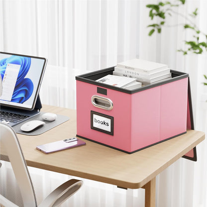 Huolewa Upgraded Portable File Organizer Box with Lid, Collapsible Linen Hanging Filing Storage Boxes with Plastic Slides, Decorative Home/Office Filing System Box for File and Folders Storage (Gray)