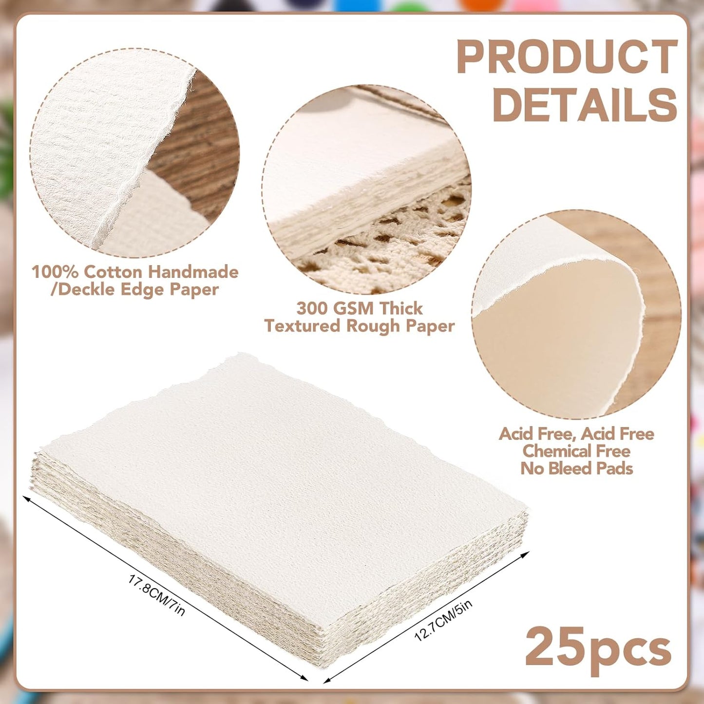 Prudiut 25 Sheets Cotton Watercolor Paper, 300 GSM Deckled Edge, 5 x 7 inch, Rough/Textured, White, for Watercolors, Wedding Invitations, Cards, Crafts