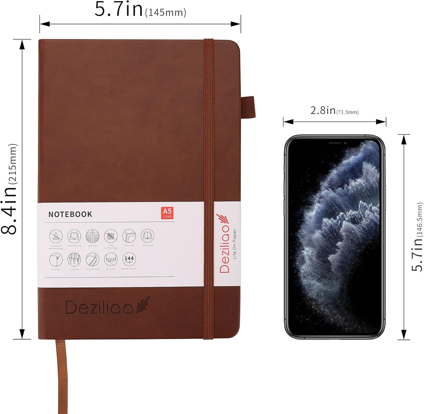 Deziliao Lined Journal Notebooks with Pen Loop, Hardcover Notebook Journal for Work, 100Gsm Premium Thick Paper with Inner Pocket, Medium 5.7"x8.4", （Black, Ruled）