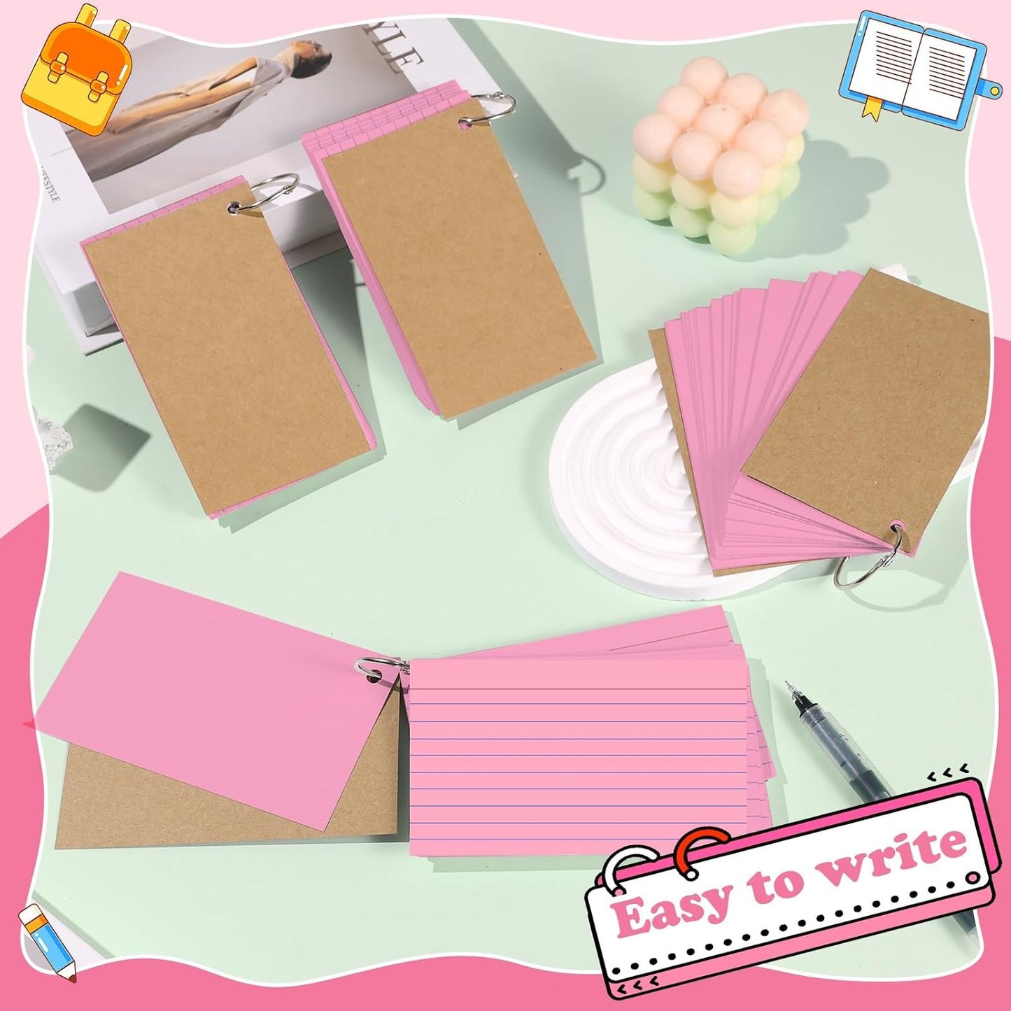Colored Index Cards 3x5 Inch Heavyweight Flash Cards with Ring Lined Flashcards Note Cards for Studying School Supplies College, 200 Count