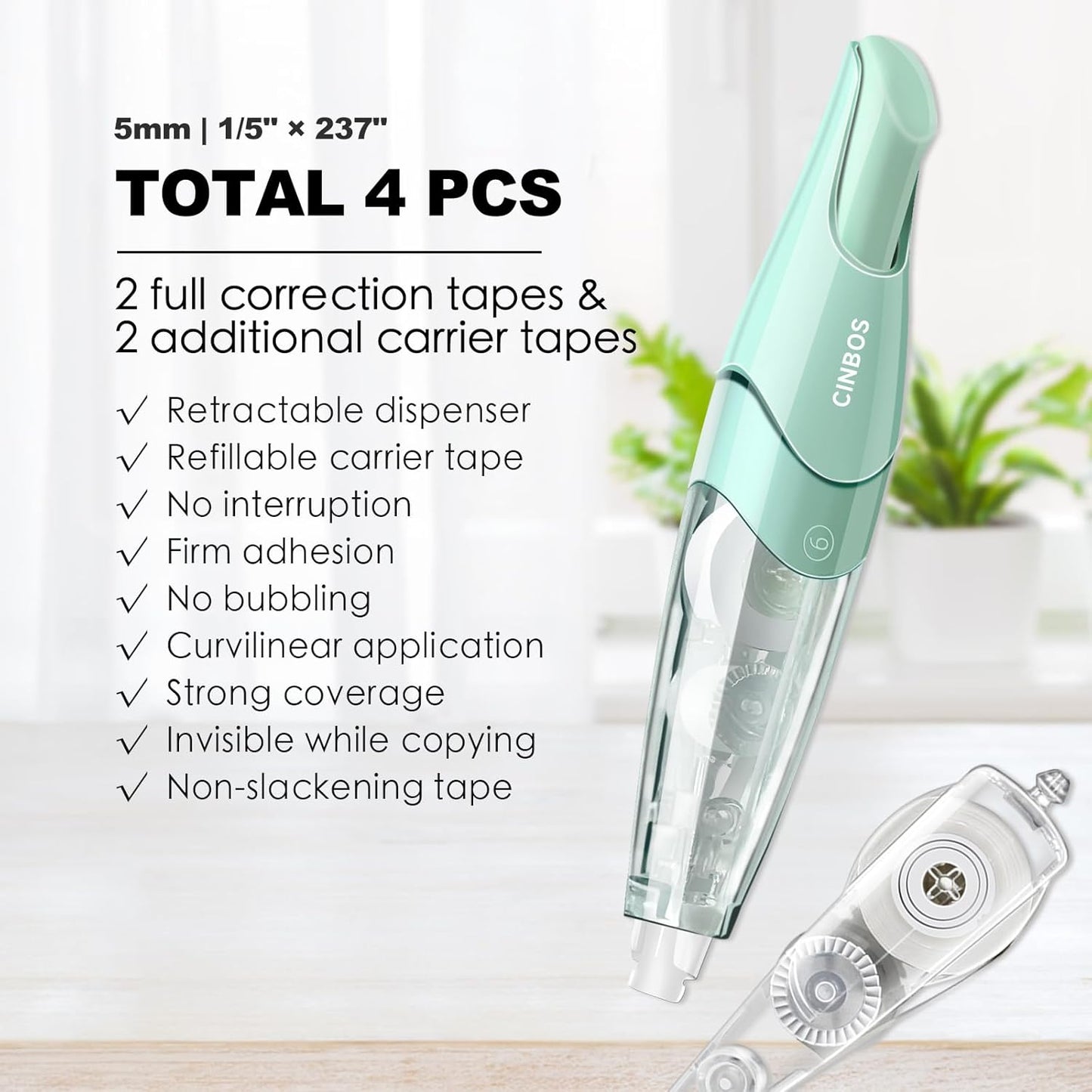 Refillable Retractable Correction Tape with 2 Extra Refills, White Smooth Pull Out Cute Correction Tape for Office Supplies, 4 PCS (CS-25)