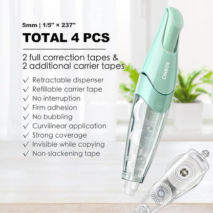 Refillable Retractable Correction Tape with 2 Extra Refills, White Smooth Pull Out Cute Correction Tape for Office Supplies, 4 PCS (CS-25)