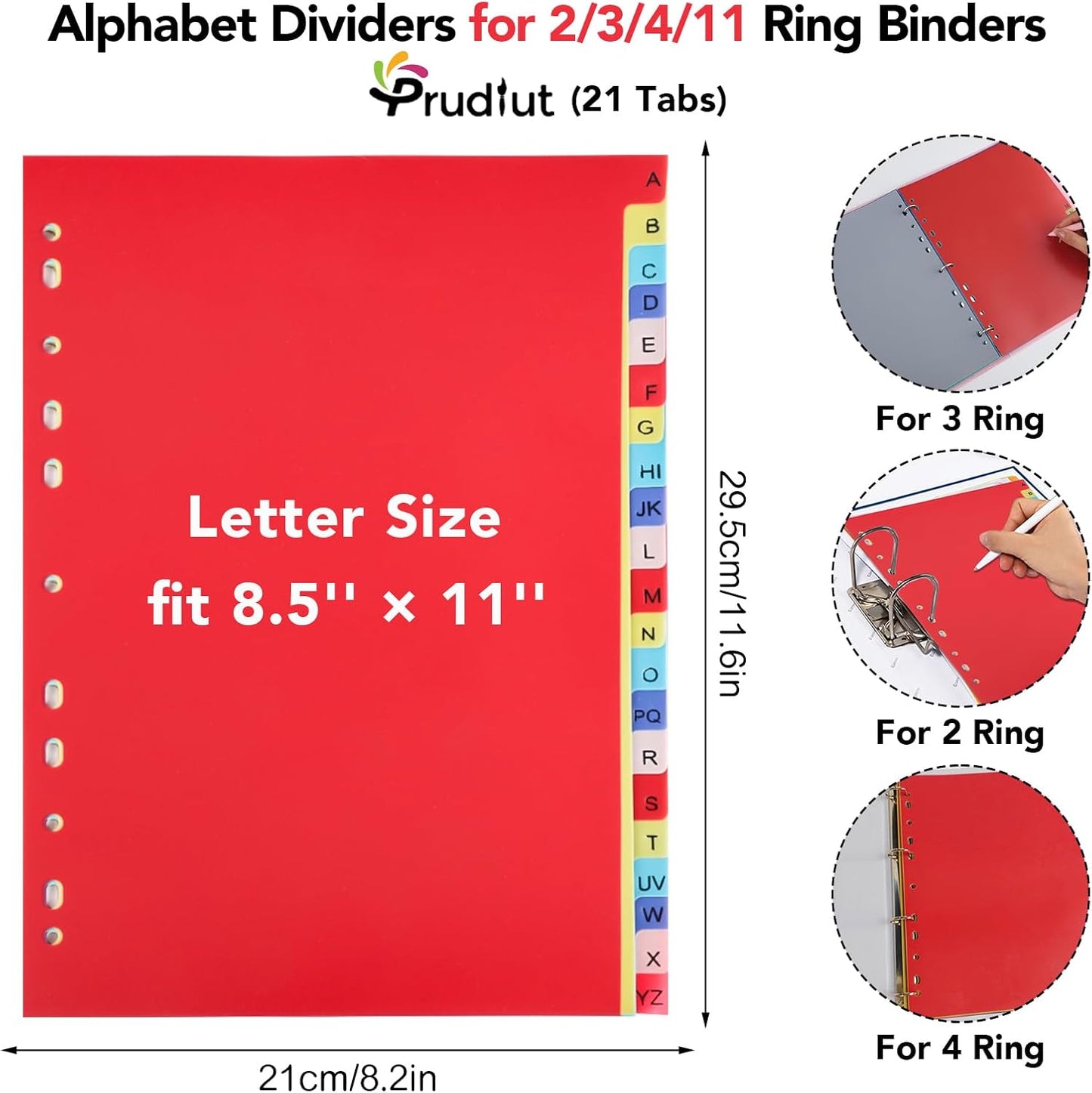 21 Tab A-Z Binder Dividers, 3 Ring Plastic Binder Dividers with Tabs Multicolor Alphabet Dividers for 2/3/4/11 Ring Binders, Letter Size (8.2×11.6 Inch)