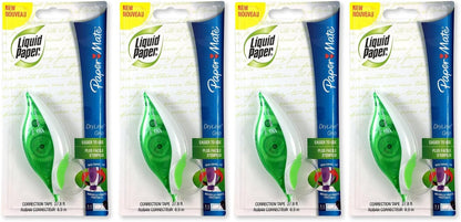 Paper Mate 660415 Liquid Paper DryLine Grip Correction Tape Dispenser, Pack of 4; Transparent Green Body; 1/5 inches Wide x 27.8 feet Long White Tape; Applies Dry, Rewrite Instantly; Swivel Tip