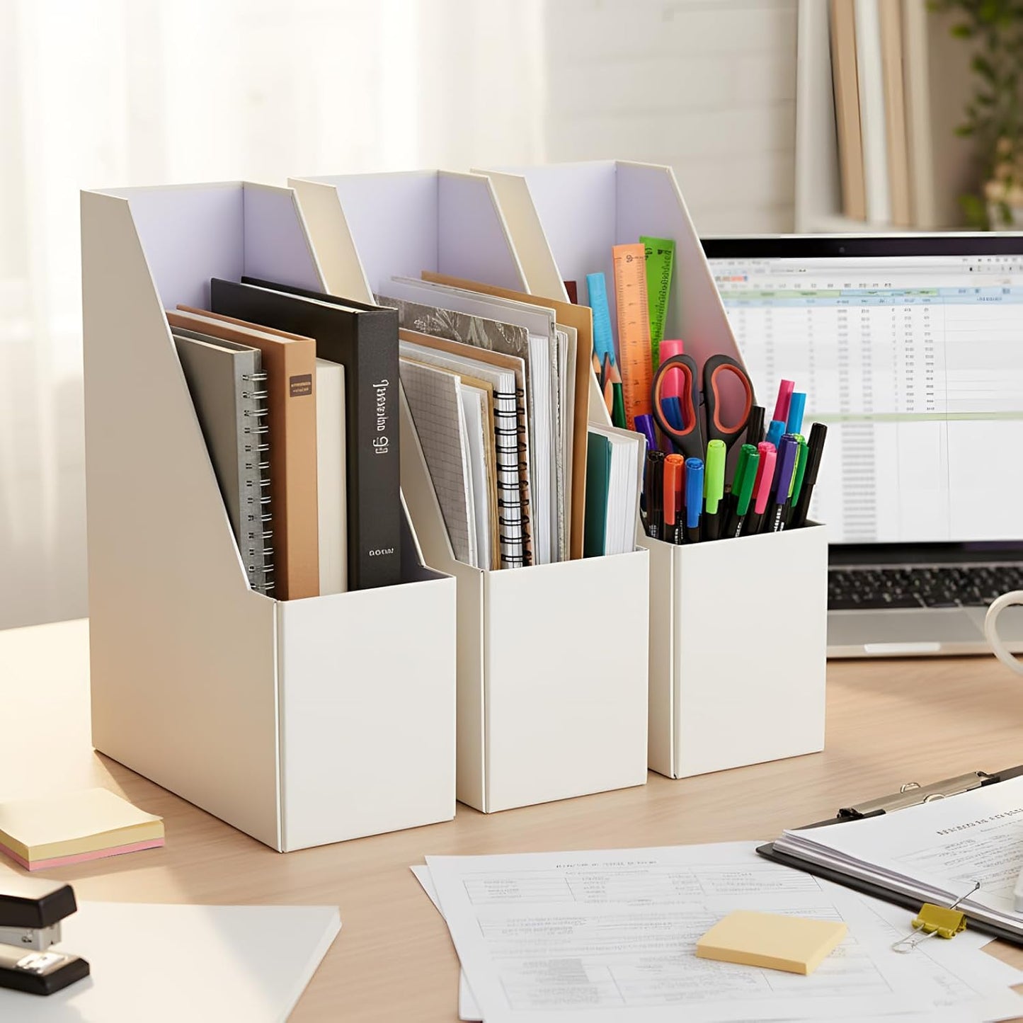 Gueevin Set of 6 Magazine File Holder Stylish Sturdy Cardboard File Boxes Desk Magazine Organizer Rack with Gold Label Holder to Organize Your Desk or Shelves for Home Classroom Office Library(Blue)