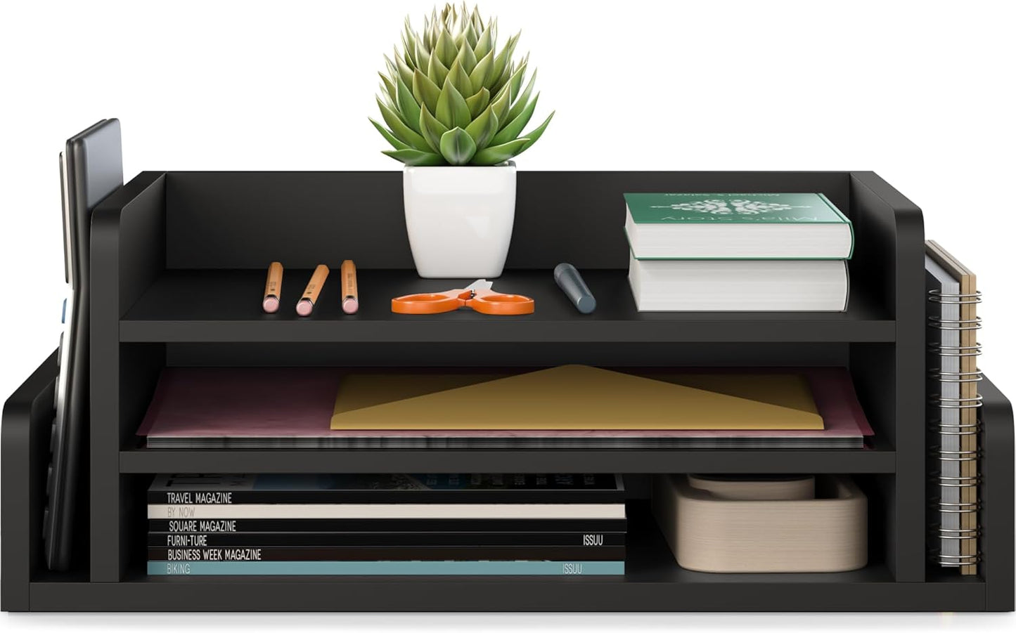 Ballucci 3-Tier Desk Organizer with 2 Side Mail Sorter Slots, Wood Letter Tray, Open Top Paper Organizer, Desktop File Organizer, Black