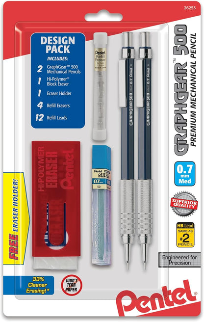 Pentel Drafting Kit with Graph Gear 500 Automatic Drafting Pencil, 0.7mm, Blue Barrel, Lead and Mini Eraser (PG527LEBP)