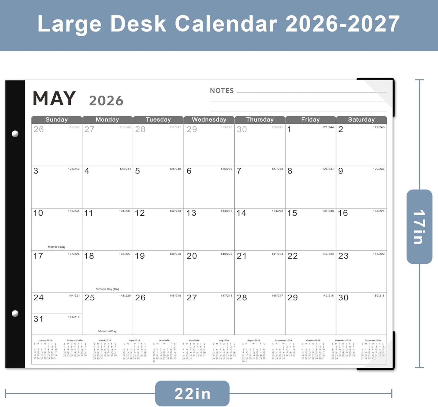 Desk Calendar 2026, KOPEESY 22" x 17" Large Desk Calendar, 18 Mouths From January 2026 to June 2027, Desktop Calendar with Notes and Thick Paper for Home, Office and School