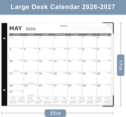 Desk Calendar 2026, KOPEESY 22" x 17" Large Desk Calendar, 18 Mouths From January 2026 to June 2027, Desktop Calendar with Notes and Thick Paper for Home, Office and School