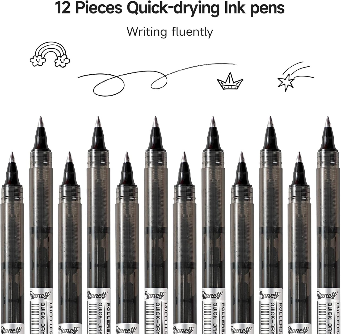 RIANCY 12 Pack Black Liquid Ink Rollerball Gel Pens, 0.5mm Extra Fine Point Tip, Smooth Writing Quick Drying No Smear No Bleed for Journaling, Drawing, Sketching, School Notes & Art Supplies