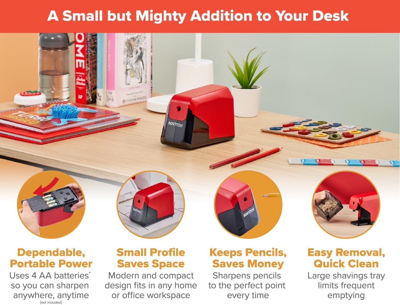 Bostitch Office Battery Pencil Sharpener, 4X Longer Cutter Life, Tip Saver Technology, Black (BPS4-BLK)