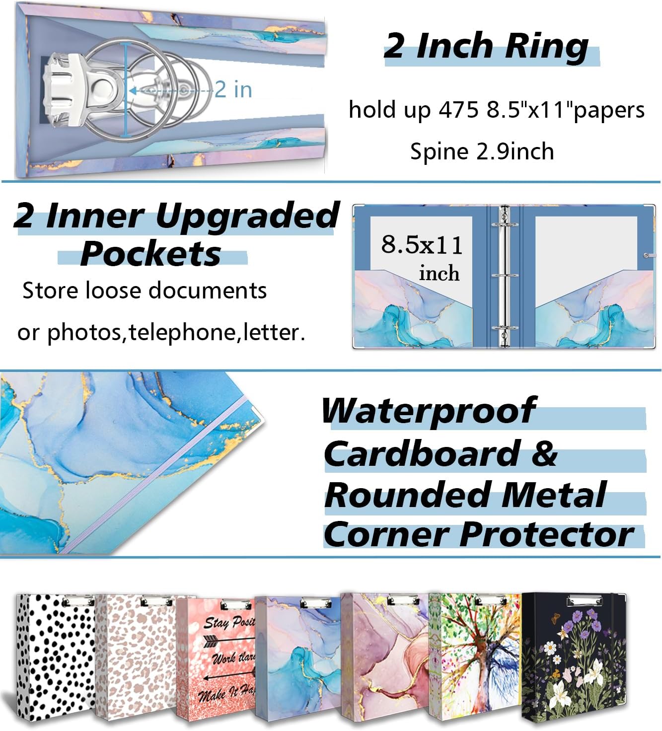 3 Ring Binder 1 Inch, Three Ring Binders Organizer with Clipboard, 5-Tabs Pockets Dividers, Plastic Folder, 18 Divider Stikers, BVSSX Pretty Binder with Pen Loop (Black Weeds, Letter Size)