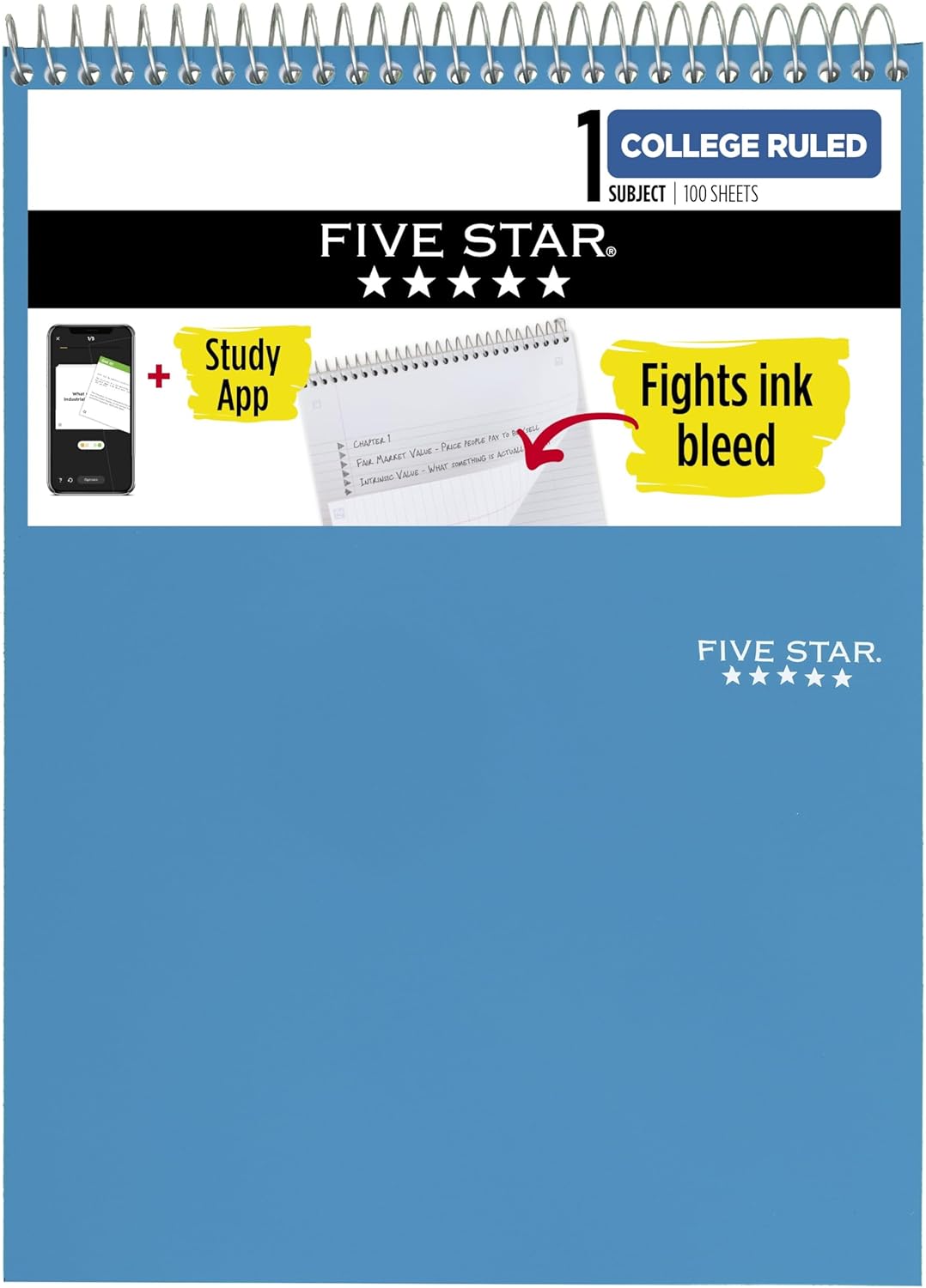 Five Star Top Spiral Notebook + Study App, 1 Subject, College Ruled Notepad, 8-1/2" x 11", 100 Sheets, Fights Ink Bleed, Water Resistant Cover, Seaglass Green (820058C-ECM)