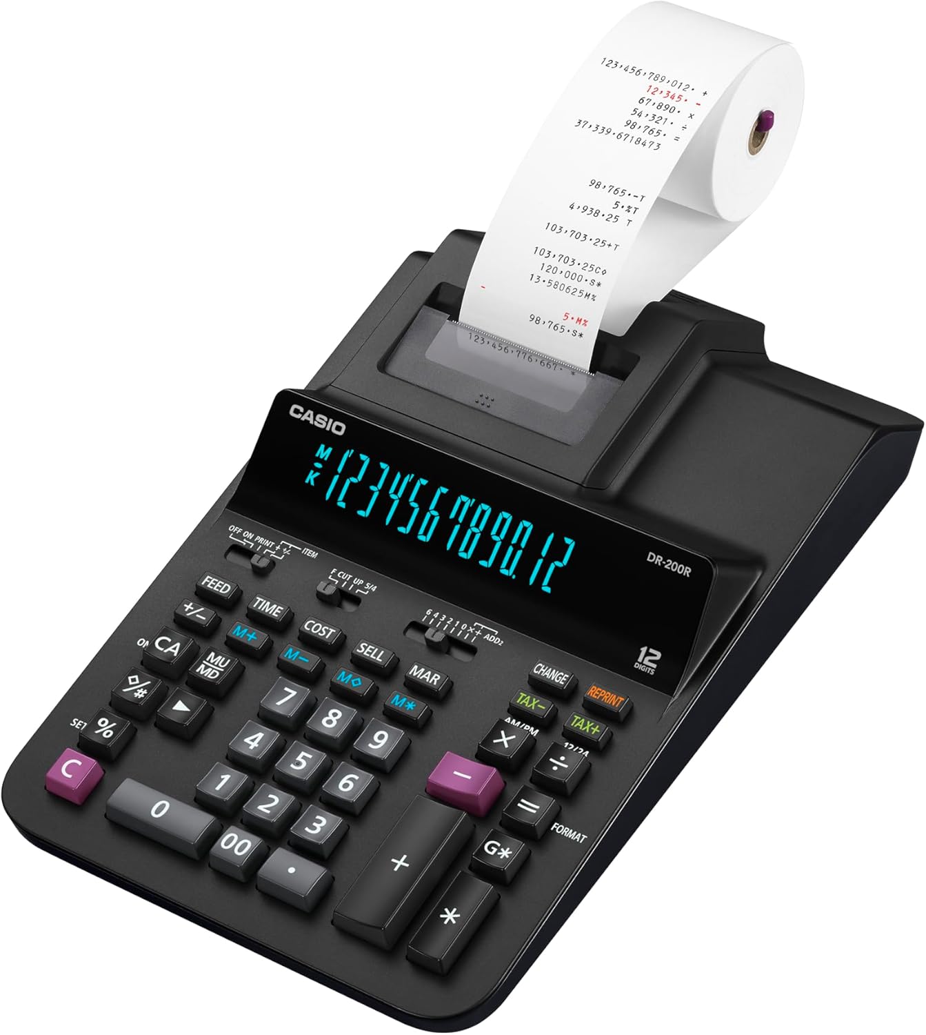 Casio DR-200R-BK Printing Calculator with 2-Color Printing, 12-Digit Front Luminous Display, 4.4 Lines Per Second Speed, Professional Business Functions | Black