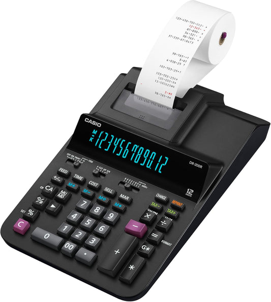 Casio DR-200R-BK Printing Calculator with 2-Color Printing, 12-Digit Front Luminous Display, 4.4 Lines Per Second Speed, Professional Business Functions | Black