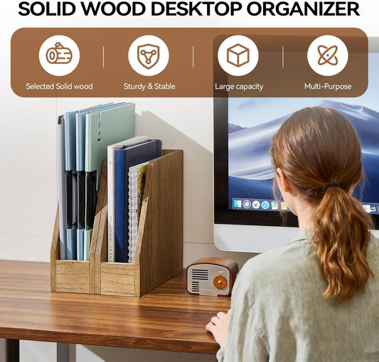 KIRIGEN Wood File Folder Holder Desktop Document Rack Organizer Desk Paper Holder Storage Sorter 2 Packs 2TWJJ-NA
