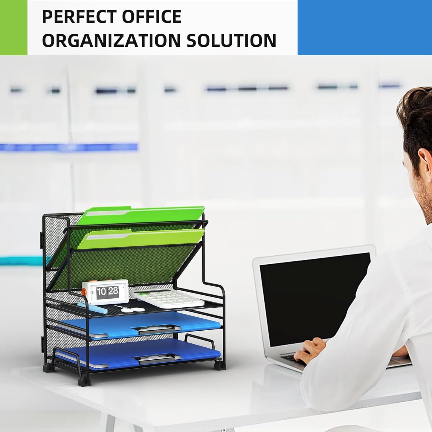 MINDEPOT 4-Tier Paper Organizer + 3-Pocket File Holder + Drawer + Pen Holders, Desktop File Organizers Paper Tray for Office Supplies School Classroom Organization (Black, No Drawer & Pen Holder)