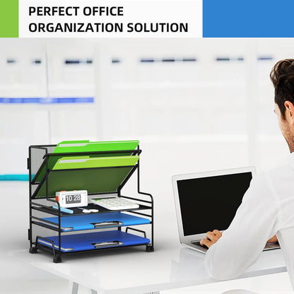 MINDEPOT 4-Tier Paper Organizer + 3-Pocket File Holder + Drawer + Pen Holders, Desktop File Organizers Paper Tray for Office Supplies School Classroom Organization (Black, No Drawer & Pen Holder)