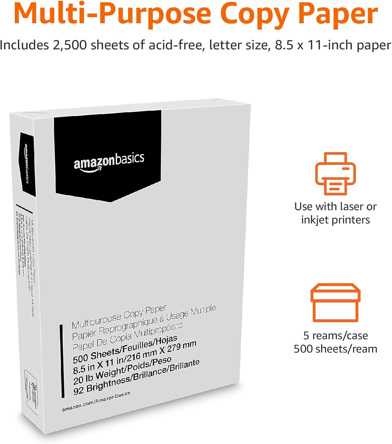 Amazon Basics Multipurpose Copy Printer Paper, 20 lb, 8.5 x 11 Inches, 10 Reams (5,000 Sheets), 92 Bright White