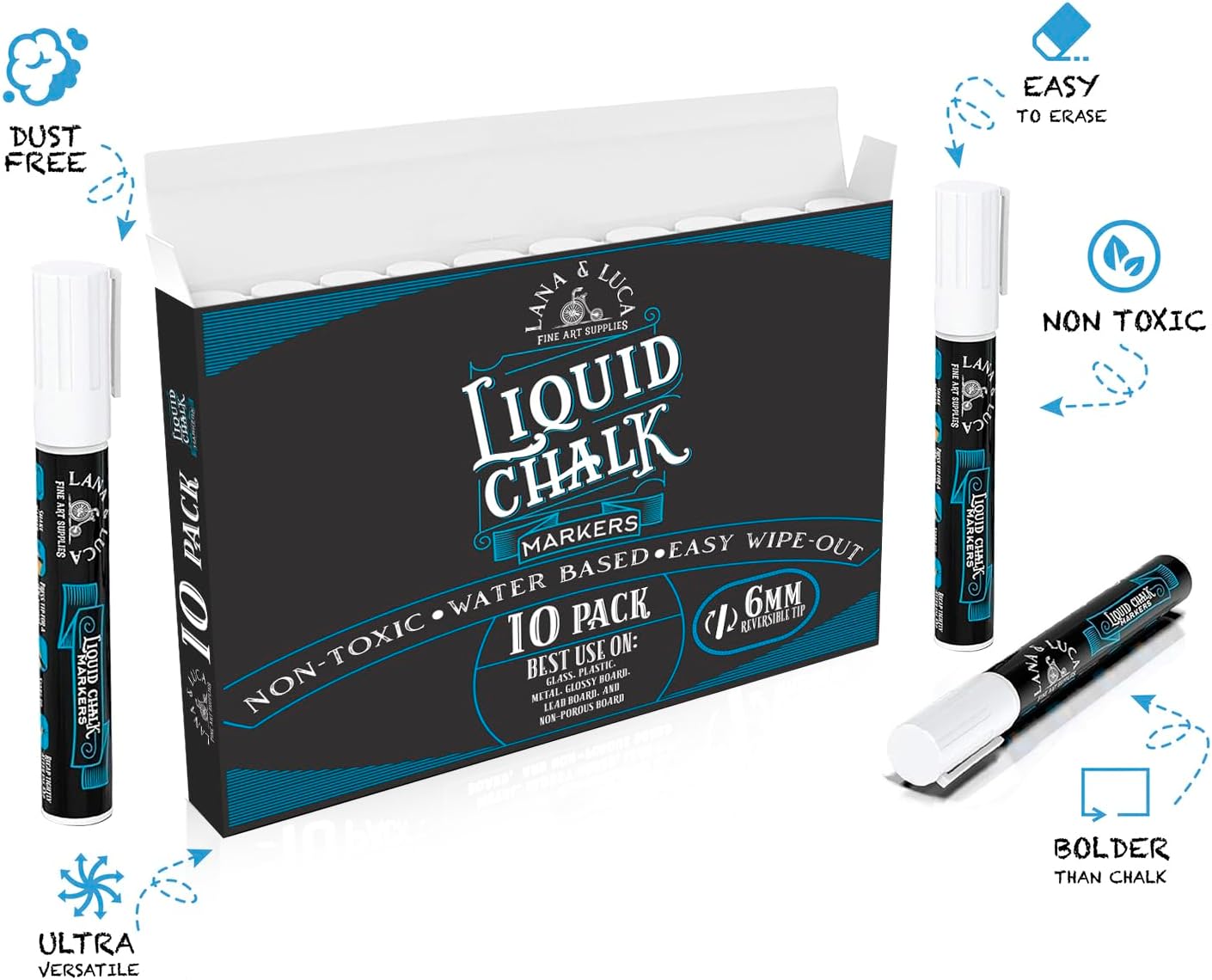 Liquid Chalk Marker Pen - White Dry Erase Marker - Chalkboard Signs, Windows, Blackboard, Glass (6 Pack) 3-6mm Reversible Tip, 3-3mm Fine Tip