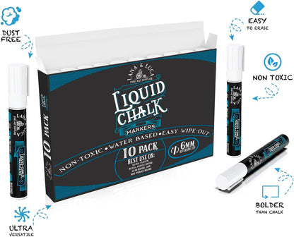 Liquid Chalk Marker Pen - White Dry Erase Marker - Chalkboard Signs, Windows, Blackboard, Glass (6 Pack) 3-6mm Reversible Tip, 3-3mm Fine Tip