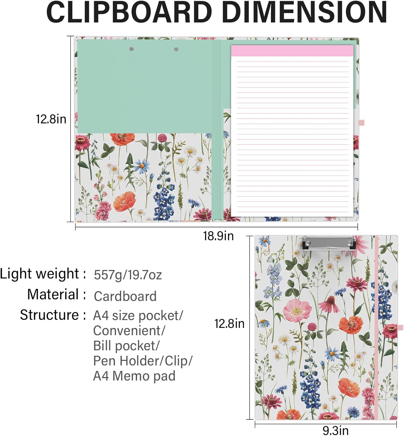 A4 Cute Clipboard Folio with Notepad Clipfolio and Interior Storage, Foldable Nursing Legal Size Clipboards for Work/Kids/Teachers - Almond Tree