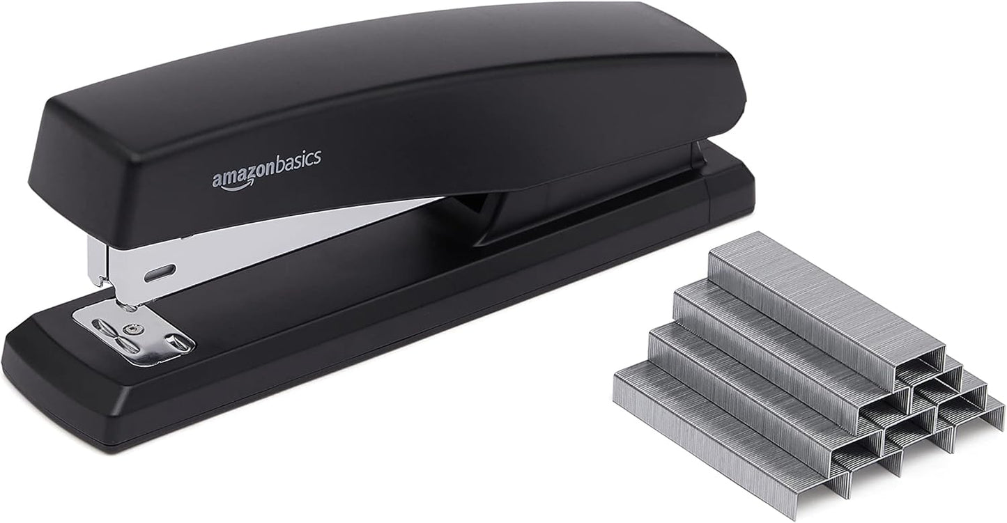 Amazon Basics Office Stapler with 1000 Staples, 25 Sheet Capacity, Non-Slip, Black, Home Office