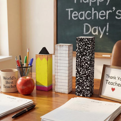 GlikCeil 3 Pcs Teacher Appreciation Week Table Decorations Wooden Classroom Decor Wood Pencil Notebook Paper Tiered Tray Decor for Teacher Desk, Back to School Party, Classroom Shelf