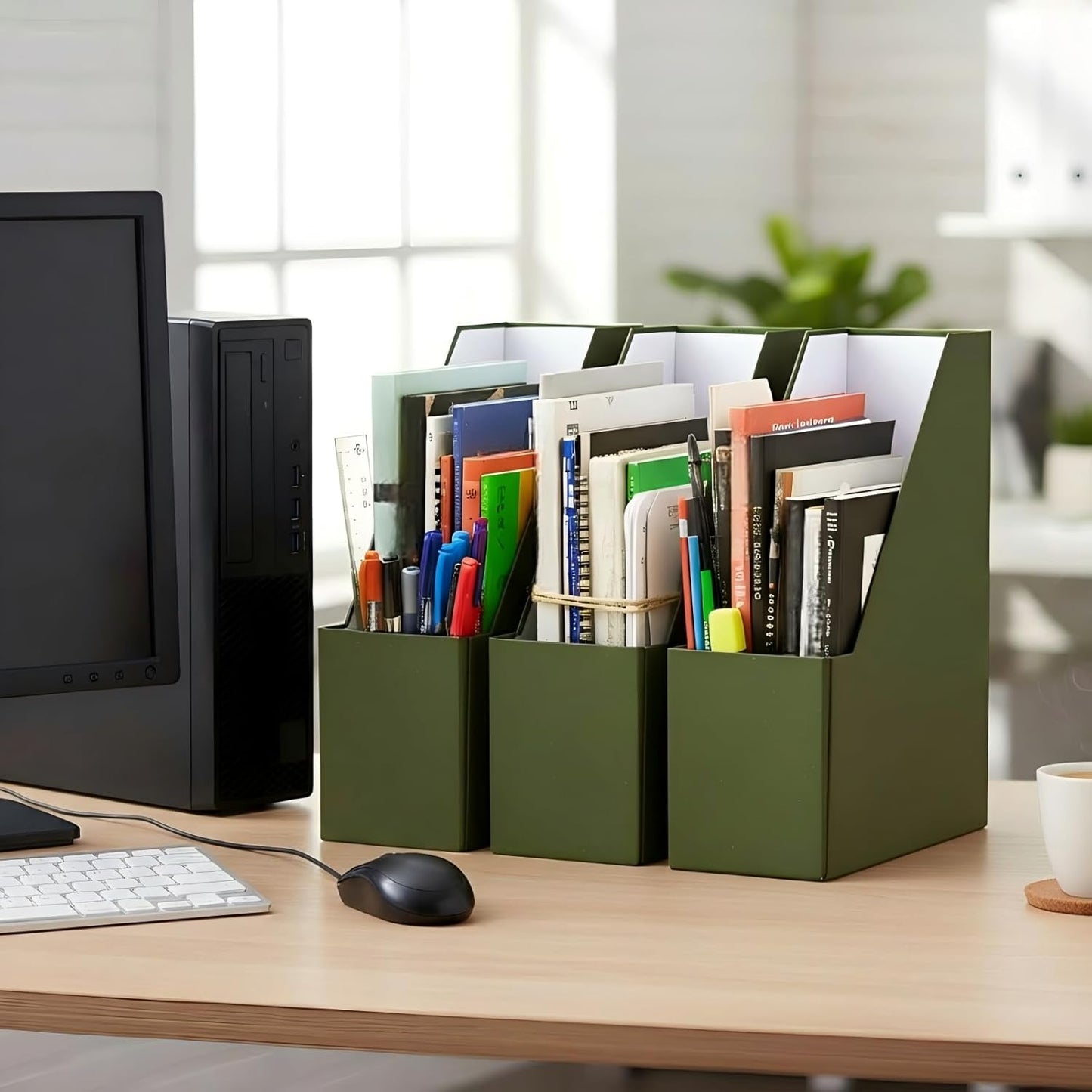 Gueevin Set of 6 Magazine File Holder Stylish Sturdy Cardboard File Boxes Desk Magazine Organizer Rack with Gold Label Holder to Organize Your Desk or Shelves for Home Classroom Office Library(Blue)