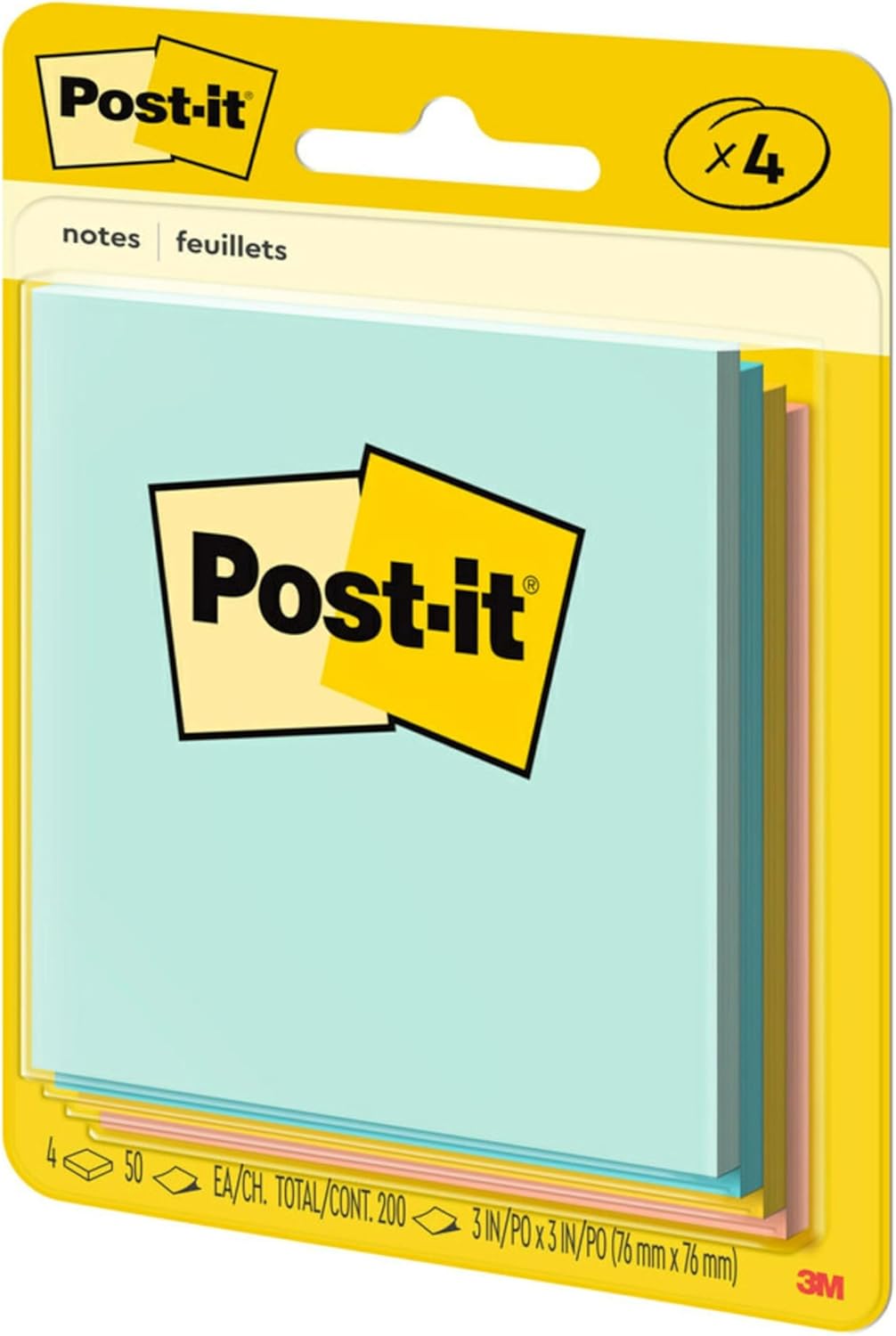 Post-it Notes, 3 in x 3 in, 4 Sticky Note Pads, 50 Sheets per Pad, Beachside Café Collection, School Supplies and Office Products