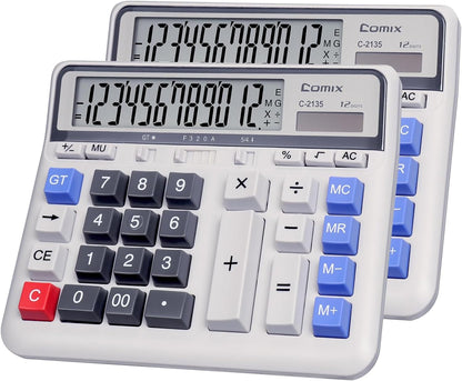 Comix Desktop Calculator Solar Battery Dual Power with 12-Digit Large LCD Display and Large Computer Keys Standard Function Calculator for Home Office School, White