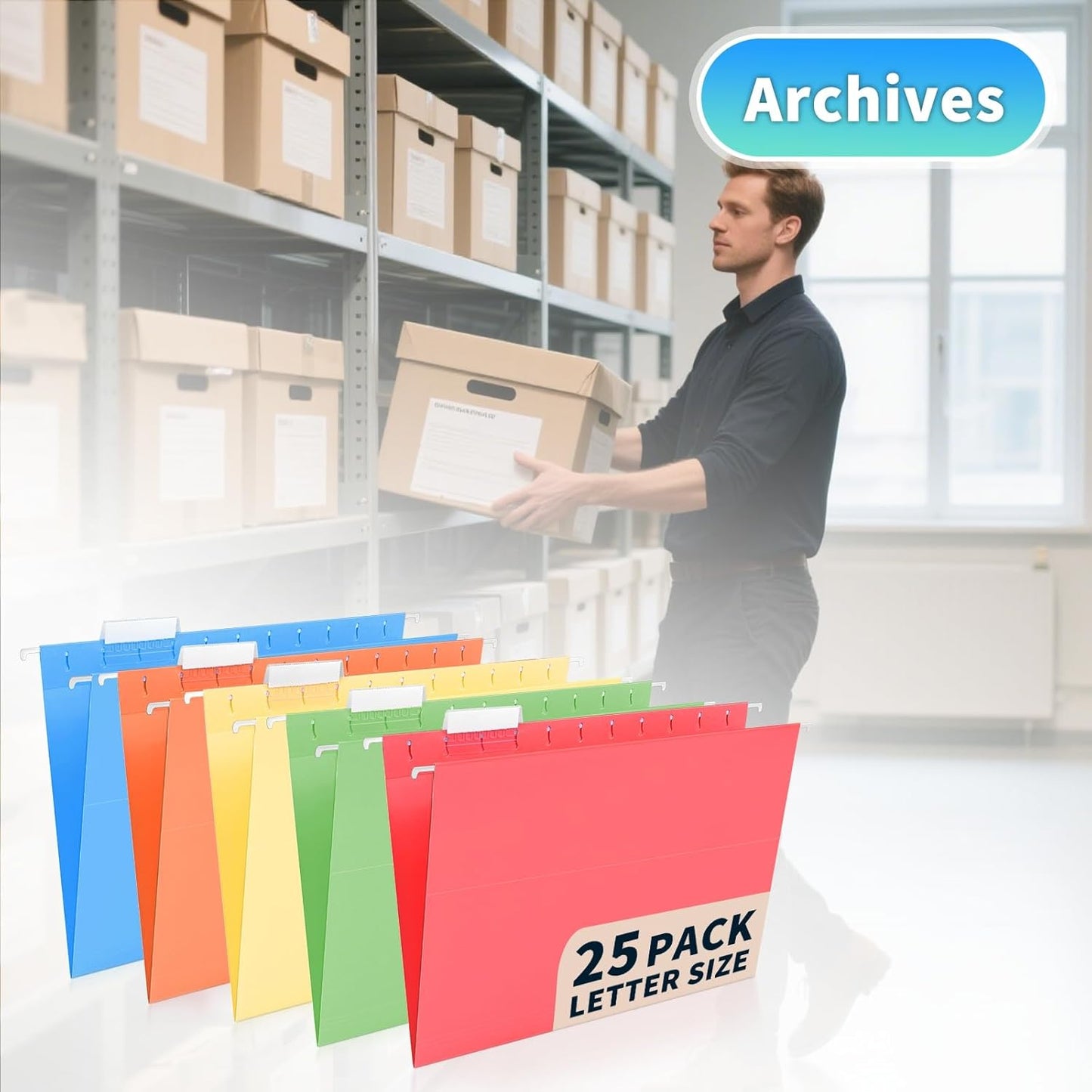 25-Pack Green Hanging File Folders, Letter Size (8.5" x 11") with 1/5-Cut Tabs,Includes 35 Transparent Label Cards & 50 Sticker Labels for Home & Office Organization