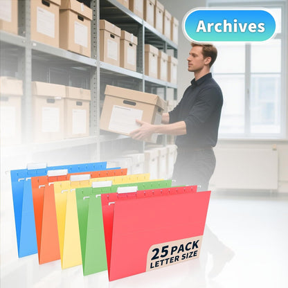 25-Pack Green Hanging File Folders, Letter Size (8.5" x 11") with 1/5-Cut Tabs,Includes 35 Transparent Label Cards & 50 Sticker Labels for Home & Office Organization