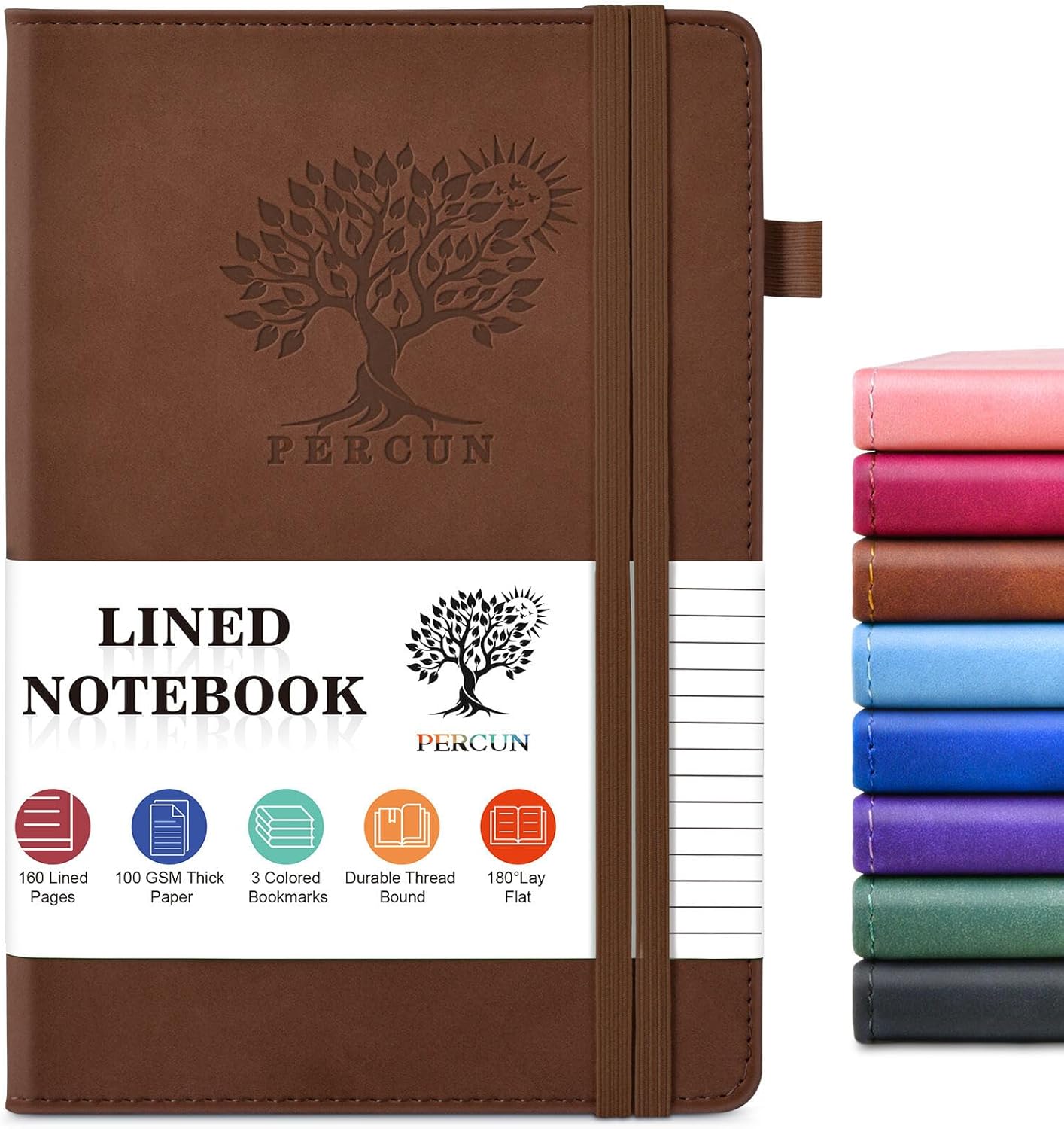 PERCUN Graph Paper Notebook, 160 Pages Grid Journal for women & men, A5 Hardcover Leather Graphing Notebook for School, Work, Travel, Note Taking 5.9”x8.5” (Black)
