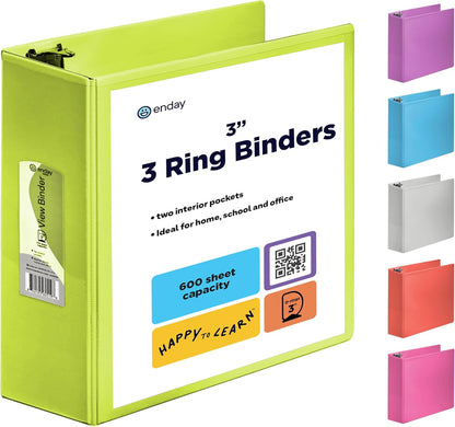 3 Inch Binder 3 Ring Binders Green, Slant D-Ring 3” Clear View Cover with 2 Inside Pockets, Heavy Duty Colored School Supplies Office and Home Binders – By Enday