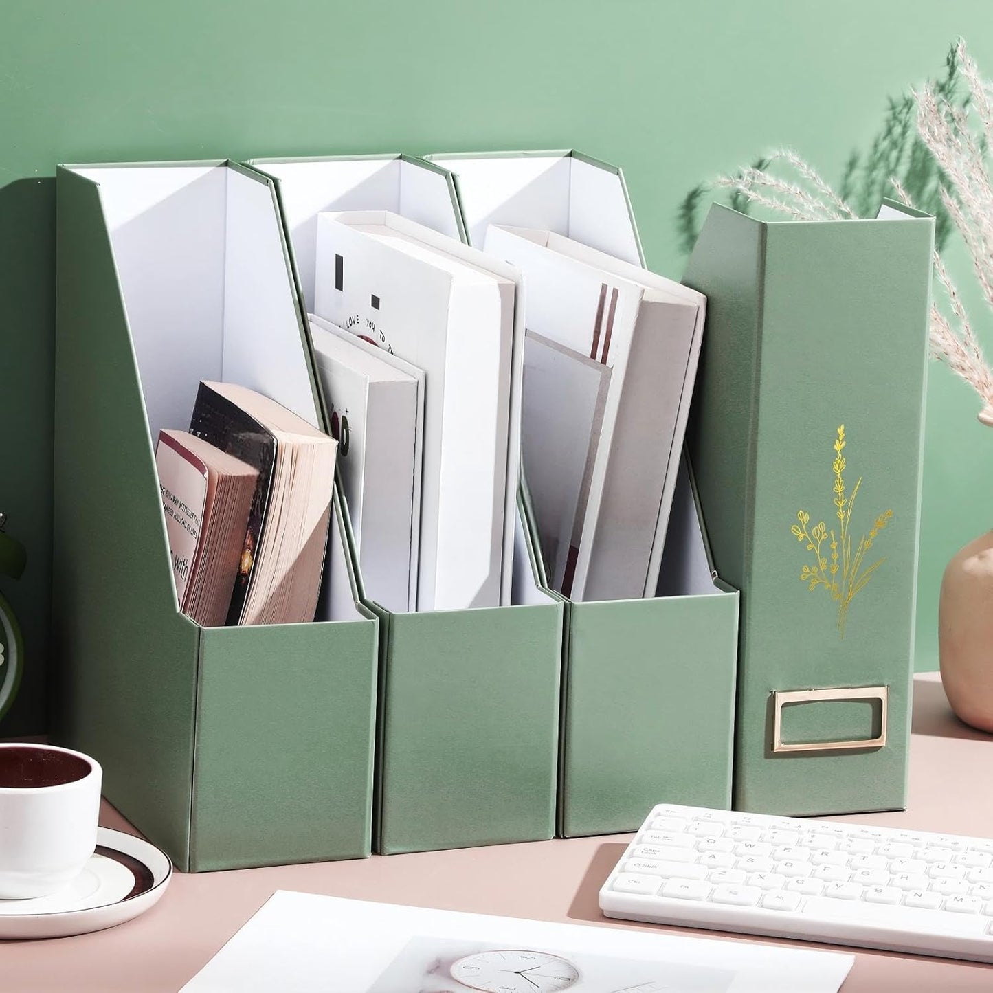 AmazingSpark 5 Pack Magazine File Holder Office Desk Storage Holder Set Vertical Desk Cardboard Organizer for Office Home Classroom Organize Your File Magazines Paperwork Books or Binders(Sage Green)