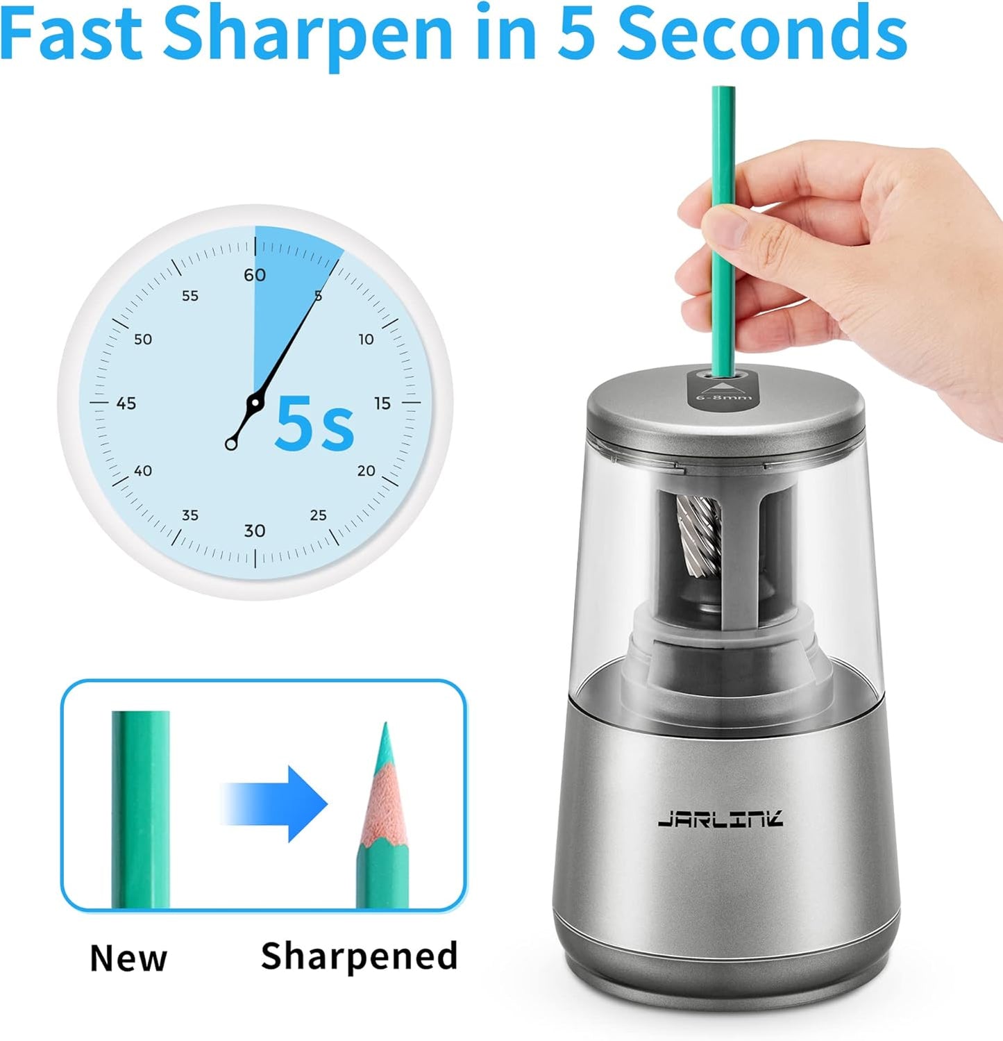 JARLINK Electric Pencil Sharpener, Heavy-Duty Helical Blade to Fast Sharpen, Auto Stop for No.2/Colored Pencils(6-8mm), AC Adapter/Battery Operated in School Classroom/Office/Home (Black)
