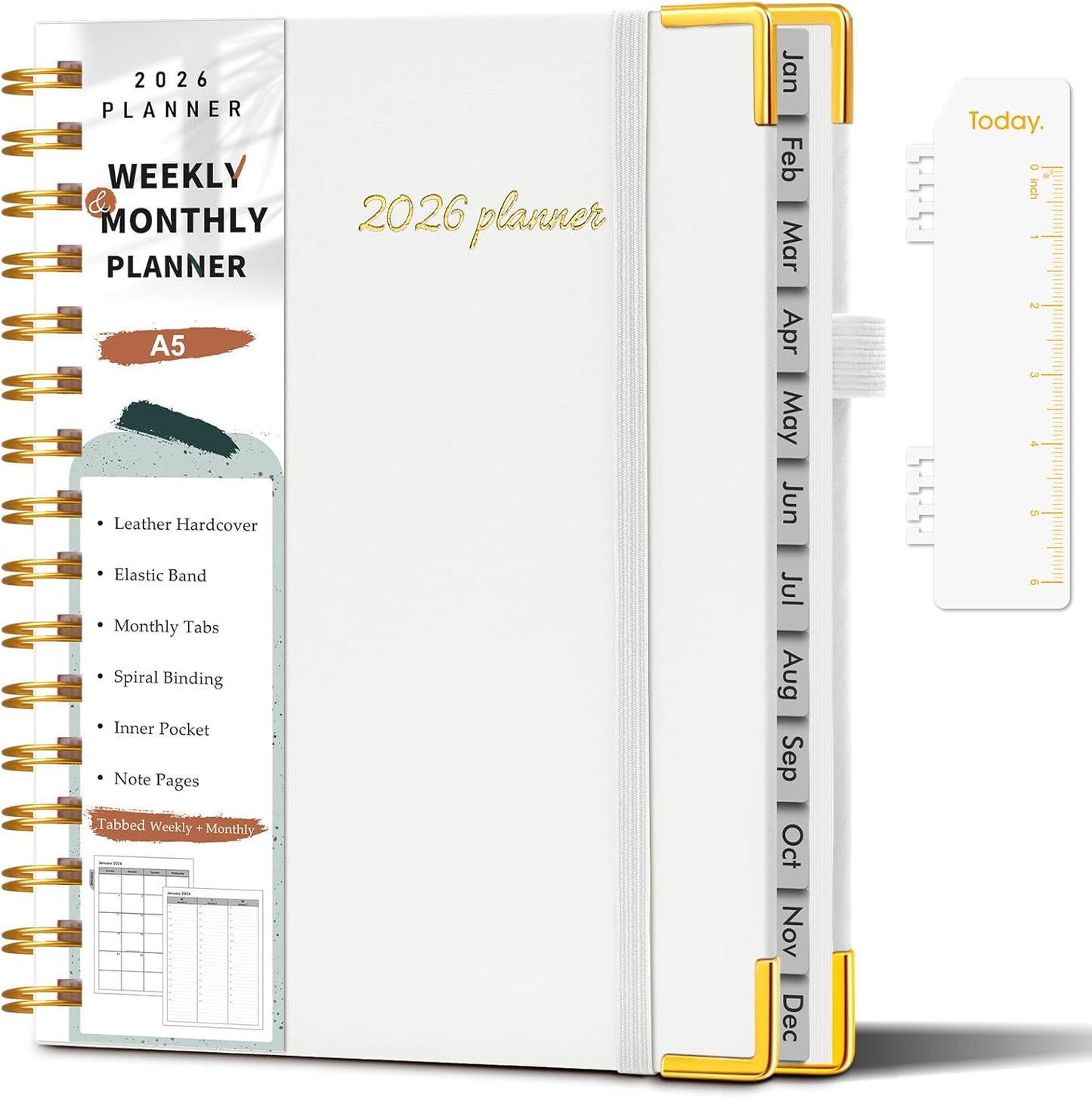 2026 Planner, Weekly and Monthly Calendar Planner from January 2026 - December 2026, 8.5" x 11" Hardcover Leather Hourly Appointment Book with Tabs, Spiral Daily Planners for School Work Home, Green