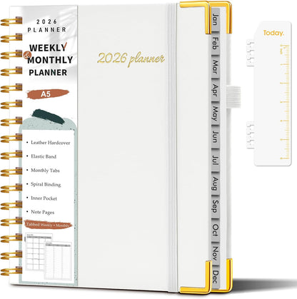 2026 Planner, Weekly and Monthly Calendar Planner from January 2026 - December 2026, 8.5" x 11" Hardcover Leather Hourly Appointment Book with Tabs, Spiral Daily Planners for School Work Home, Green