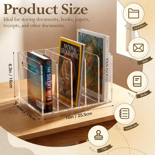 Didaey 2 Pcs Acrylic Magazine File Holder, 5 Vertical Compartments Desk Sorter Organizer Magazines Documents Books Accessories Clear Folder Rack Binder for Office Home(B5, 5 Sections, Clear)