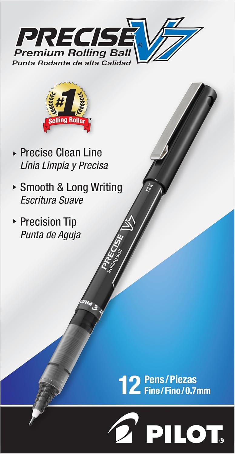 PILOT Precise V7 Stick Liquid Ink Rolling Ball Stick Pens, Fine Point (0.7mm) Black Ink, 12-Pack (35346)