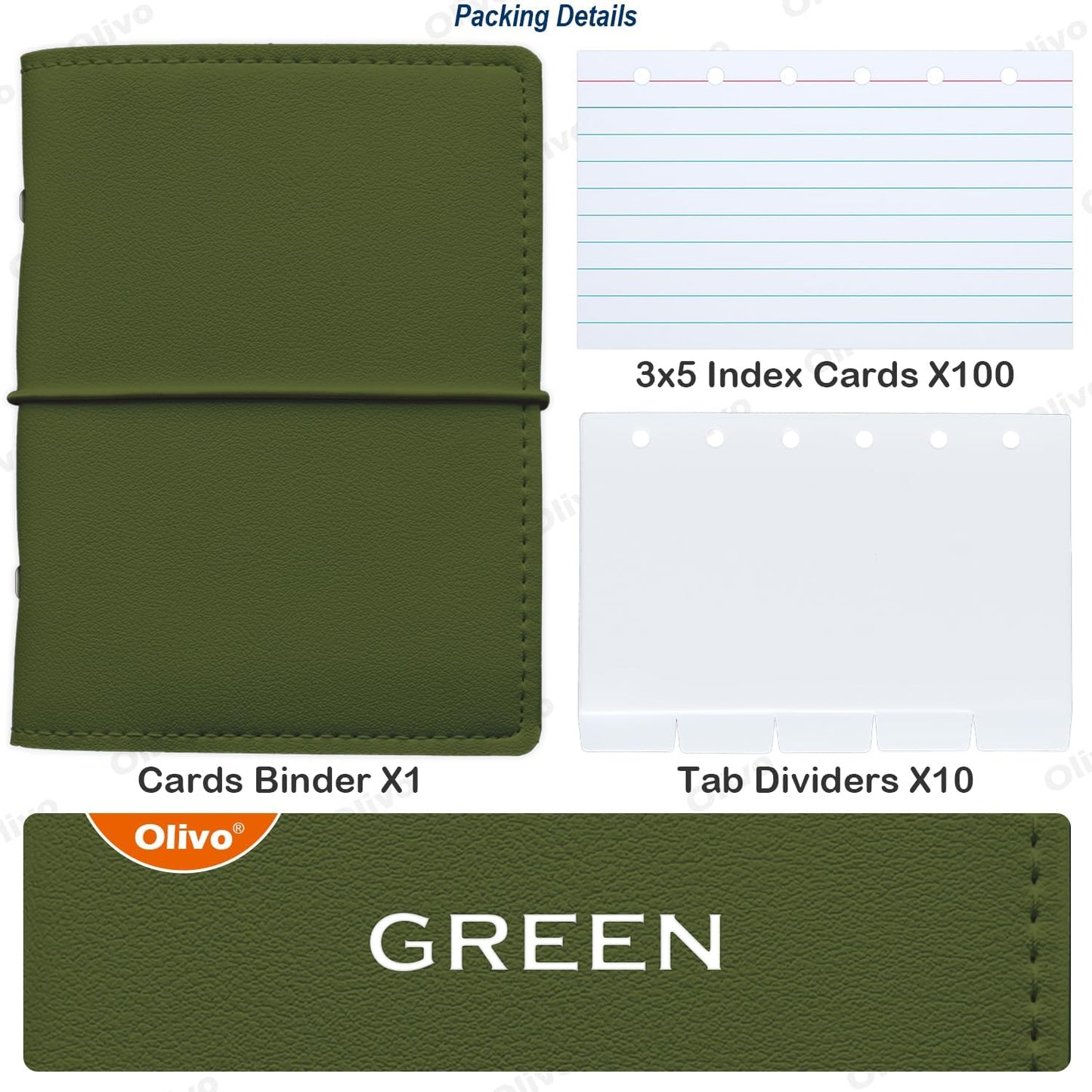 3x5 Lined Index Cards with Ring Binder Holder and Dividers, 100 Note Cards, Green