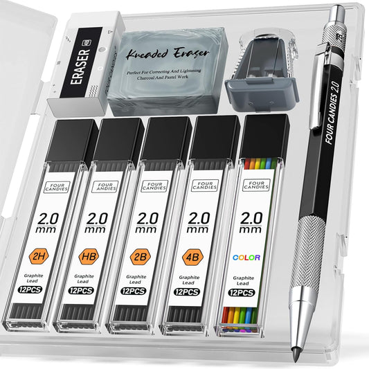 Four Candies 2MM Mechanical Pencil Set with case, Artist Led Pencil Metal Lead Holder with 60PCS Graphite Lead Refill (HB, 2H, 2B, 4B, Color) Kneaded Eraser, Sharpener for Writing, Drawing, Sketching