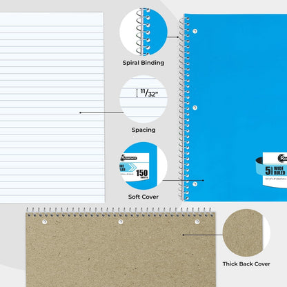 Rosmonde Spiral Notebooks, 24 Pack, 1 Subject Notebook, Wide Ruled, 70 Sheets, 8 x 10-1/2", 3 Hole Punched, School Supplies, Bulk Single Subject Spiral Notebook Bulk, Assorted Colors Pack of Notebooks