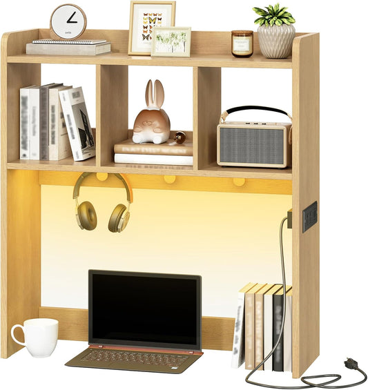 HOOBRO Desktop Bookshelf, Office Desktop Shelf, Desk Hutch with Outlets, Wooden Office Desktop Bookcase, Desktop Organizer Shelf with LED Light Strip and 3 Hooks, for Home, Study, White WT12UDSJ01