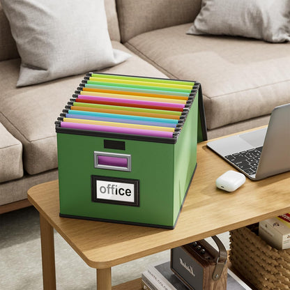 Huolewa Upgraded Portable File Organizer Box with Lid, Collapsible Linen Hanging Filing Storage Boxes with Plastic Slides, Decorative Home/Office Filing System Box for File and Folders Storage (Gray)