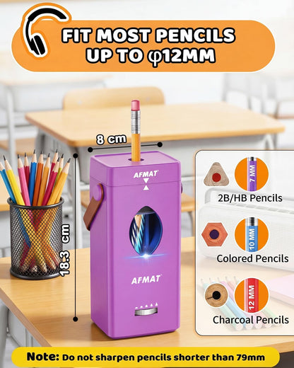 AFMAT Electric Pencil Sharpener, Rechargeable & Cordless, Fully Automatic Pencil Sharpener for Classroom, Auto in & Out, 5 Sharpness Modes, Heavy Duty Sharpeners for 6-12mm No.2/Jumbo Pencils PSC7