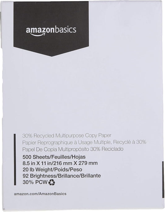 Amazon Basics 30% Recycled Multipurpose Copy & Print Paper, 8.5 x 11 Inches, 20 lb Weight, 92 Bright, White, FSC Certified, 1500 Sheets (3 Reams)