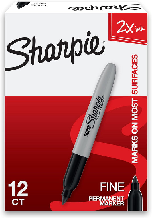 Sharpie Super Permanent Markers, Fine Point, Black, 12 Count - Quick Drying, For Classroom, Poster Boards, Office, Home, Teacher Supplies