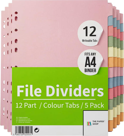 Binder Dividers with Tabs A4 12 Part | DIviders for 3 Ring Binder | Perfect for Organizing Pages in 3 Ring Binder Dividers with tabs, Each Set Includes Tab Dividers - The Paper Shop (1)